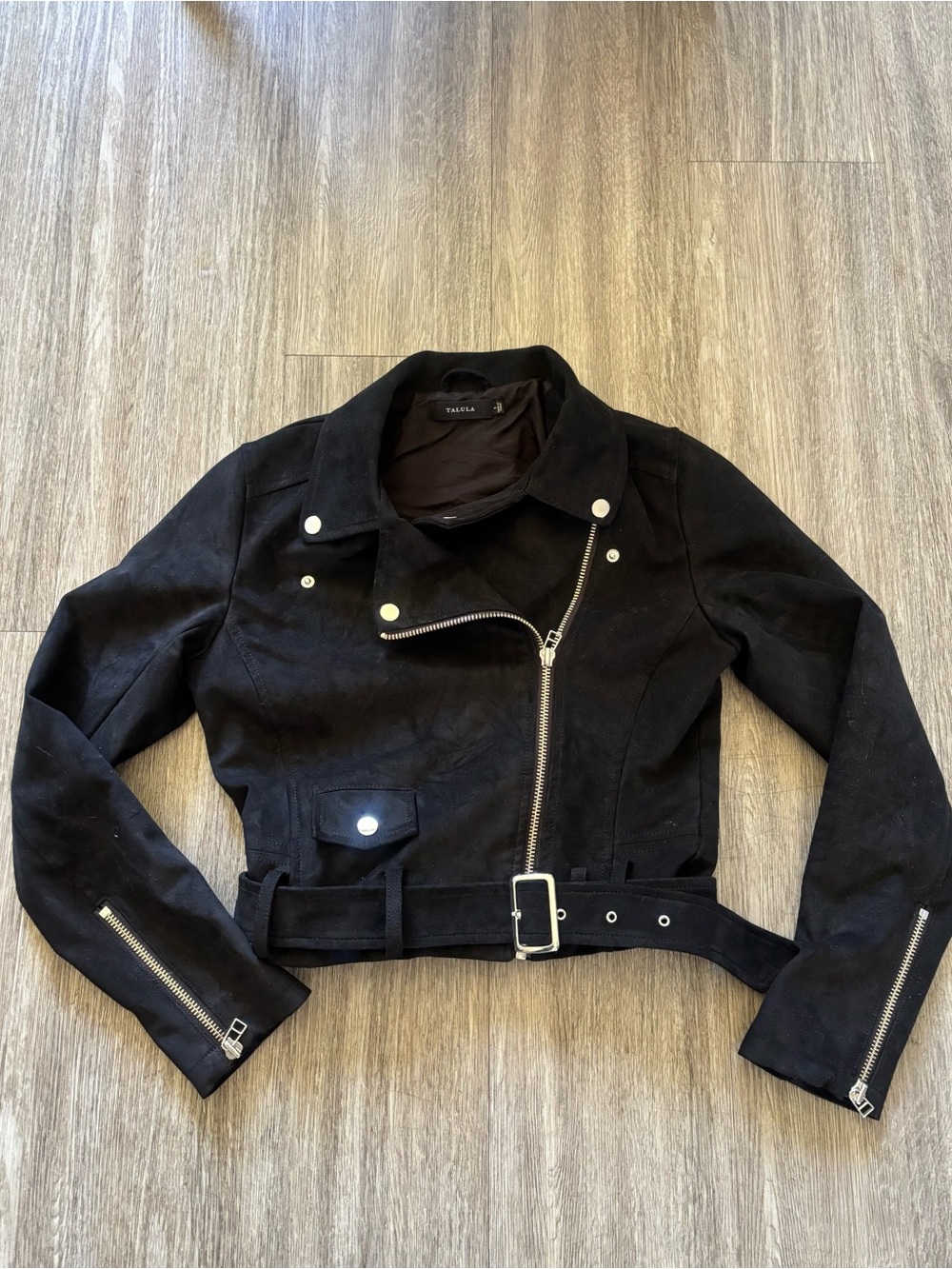 Talula Black Suede Asymmetrical Cropped Moto Jacket with Belt